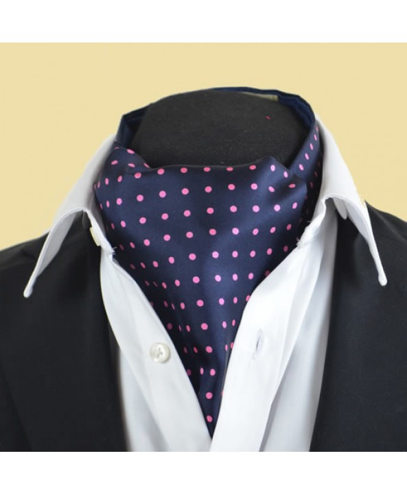 Fine Silk Spotted Cravat with Pink Spots on Navy Blue